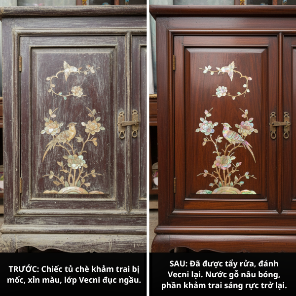 Tủ chè trước và sau khi sơn 
